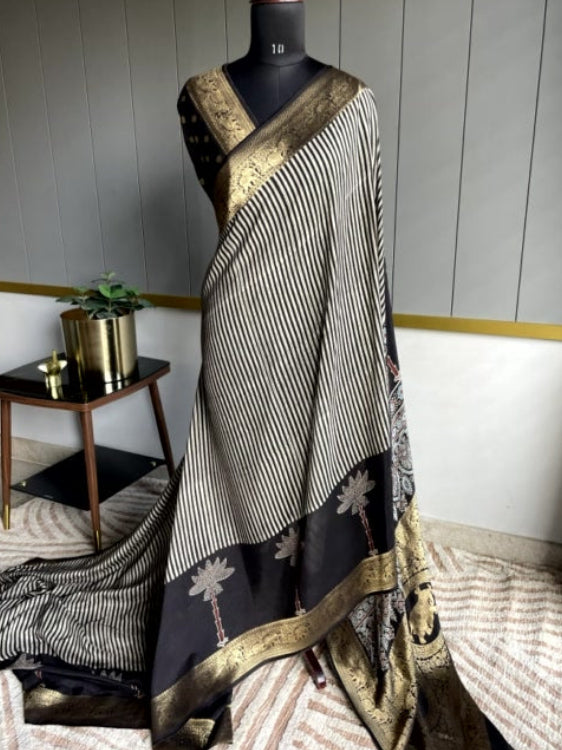 Black Tree Ajrakh Handblock Dola Silk Saree