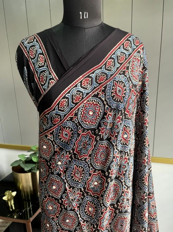 Black Mirror Ajrakh Badam Pure Modal Silk Saree