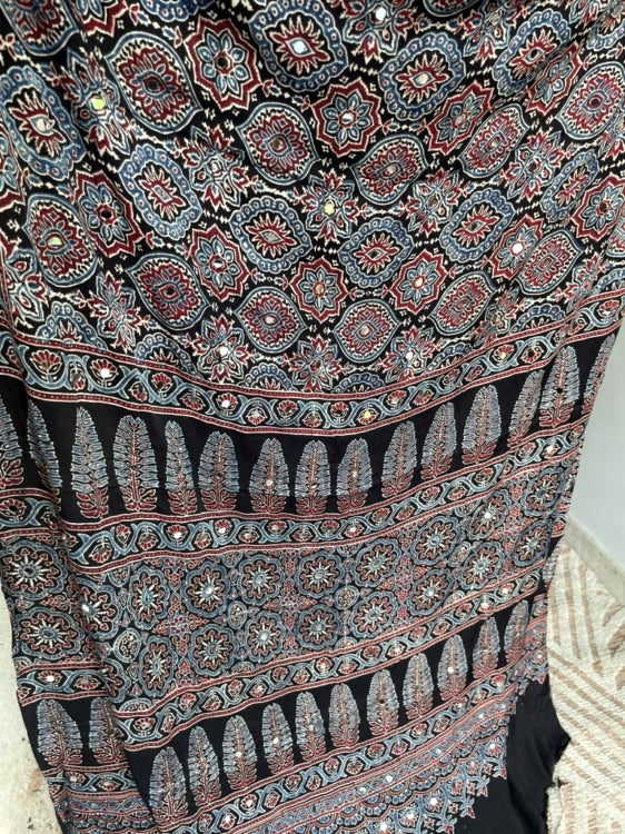 Black Mirror Ajrakh Badam Pure Modal Silk Saree