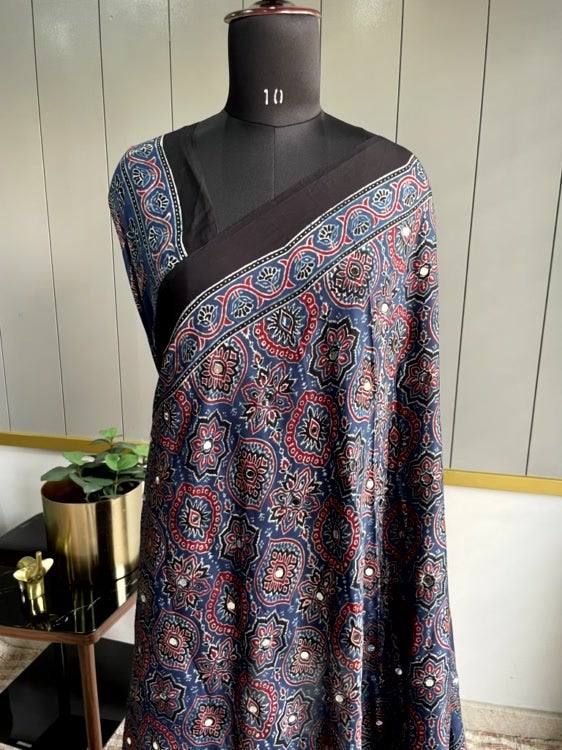 Blue Mirror Ajrakh Badam Pure Modal Silk Saree