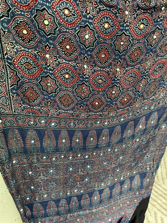Blue Mirror Ajrakh Badam Pure Modal Silk Saree