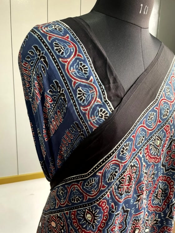 Blue Mirror Ajrakh Badam Pure Modal Silk Saree