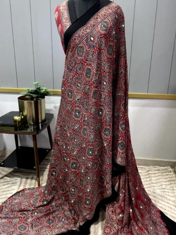 Red Mirror Ajrakh Badam Pure Modal Silk Saree