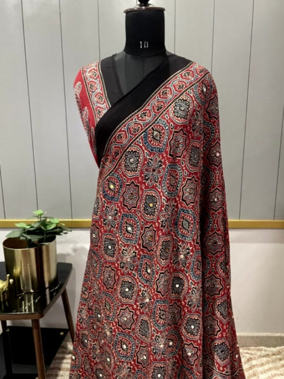 Red Mirror Ajrakh Badam Pure Modal Silk Saree