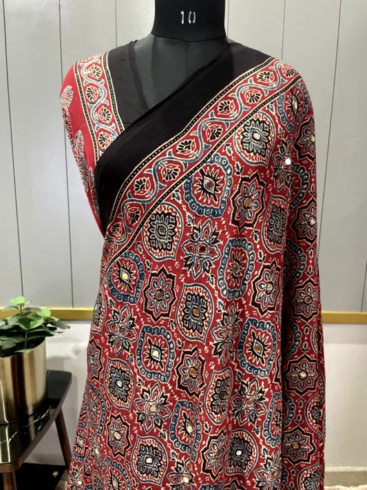 Red Mirror Ajrakh Badam Pure Modal Silk Saree