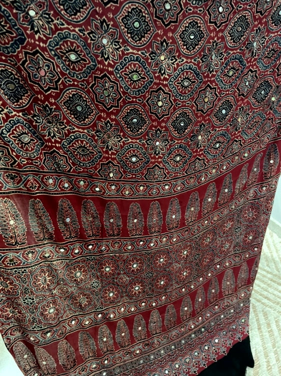 Red Mirror Ajrakh Badam Pure Modal Silk Saree