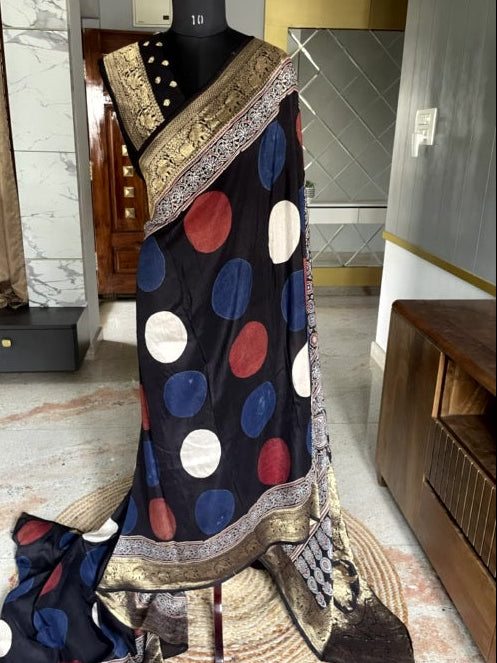 Black Polka Ajrakh Handblock Dola Silk Saree