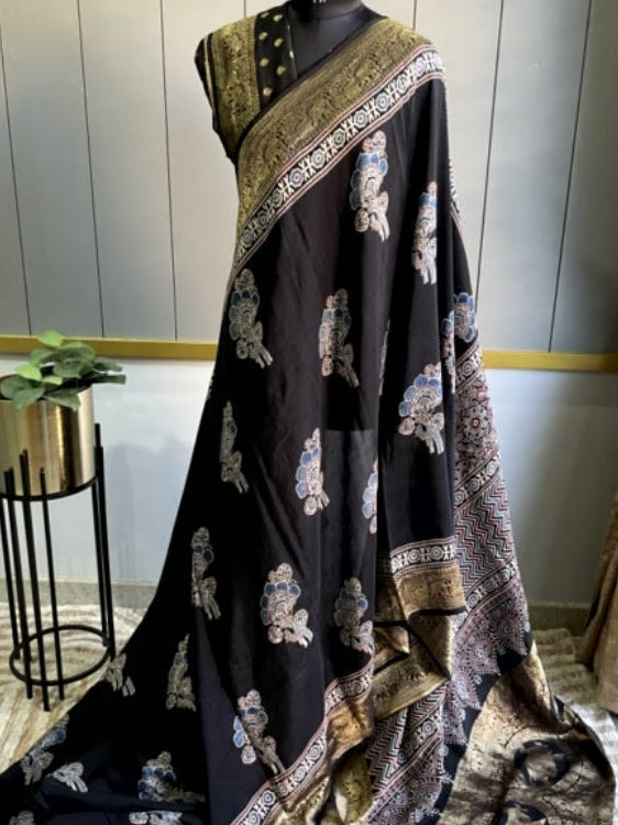 Black Flower Ajrakh Handblock Dola Silk Saree