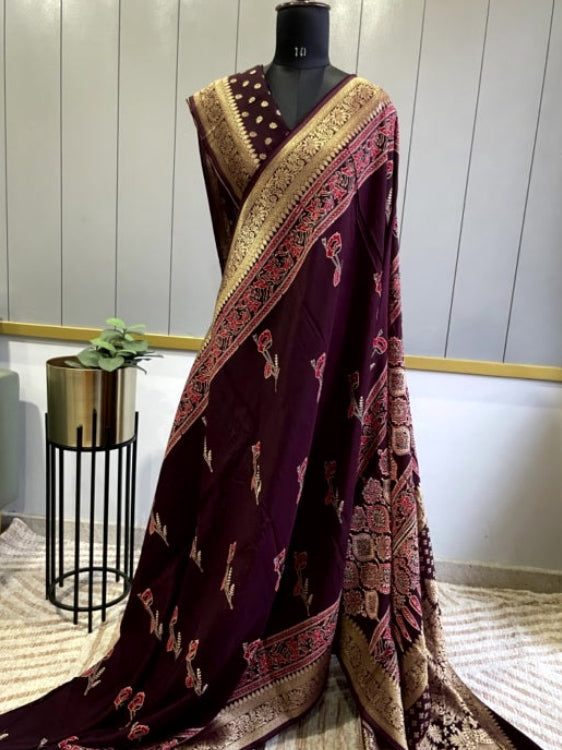 Brown Rose Ajrakh Handblock Dola Silk Saree