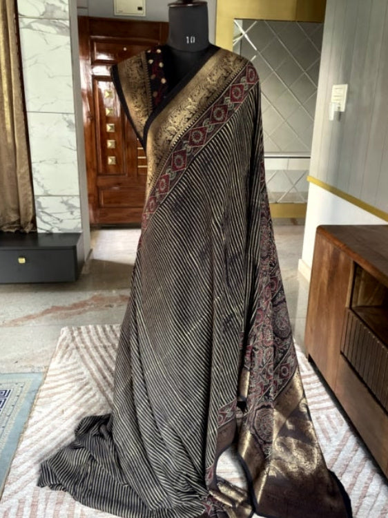 Black Stripe Ajrakh Handblock Dola Silk Saree
