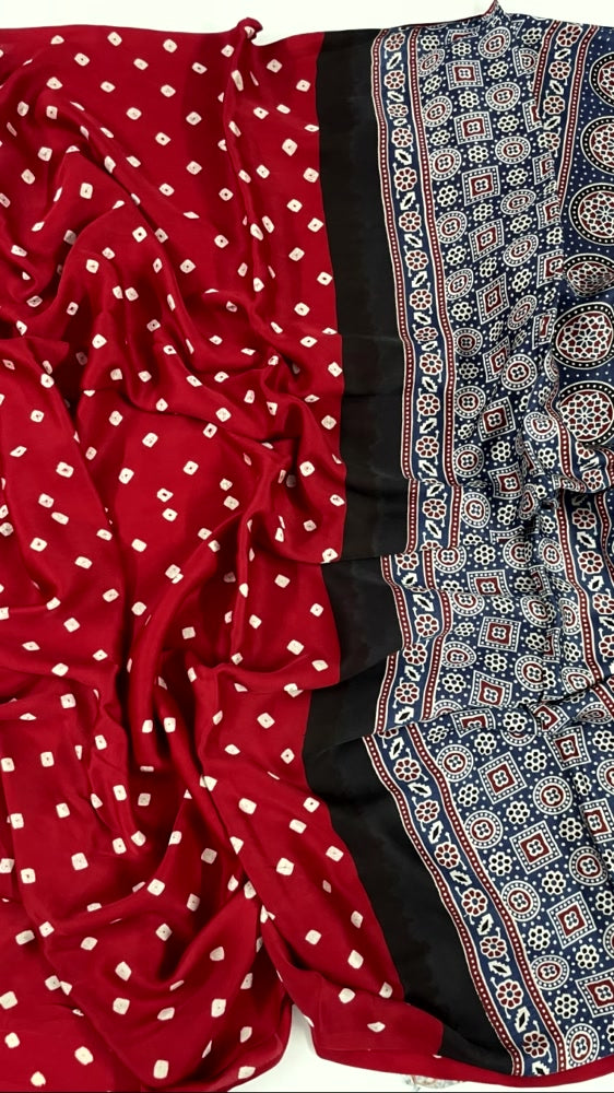 Red Bandhini Ajrakh Pure Modal Silk Saree