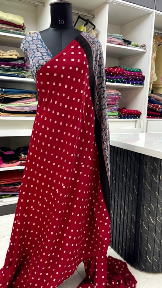 Red Bandhini Ajrakh Pure Modal Silk Saree