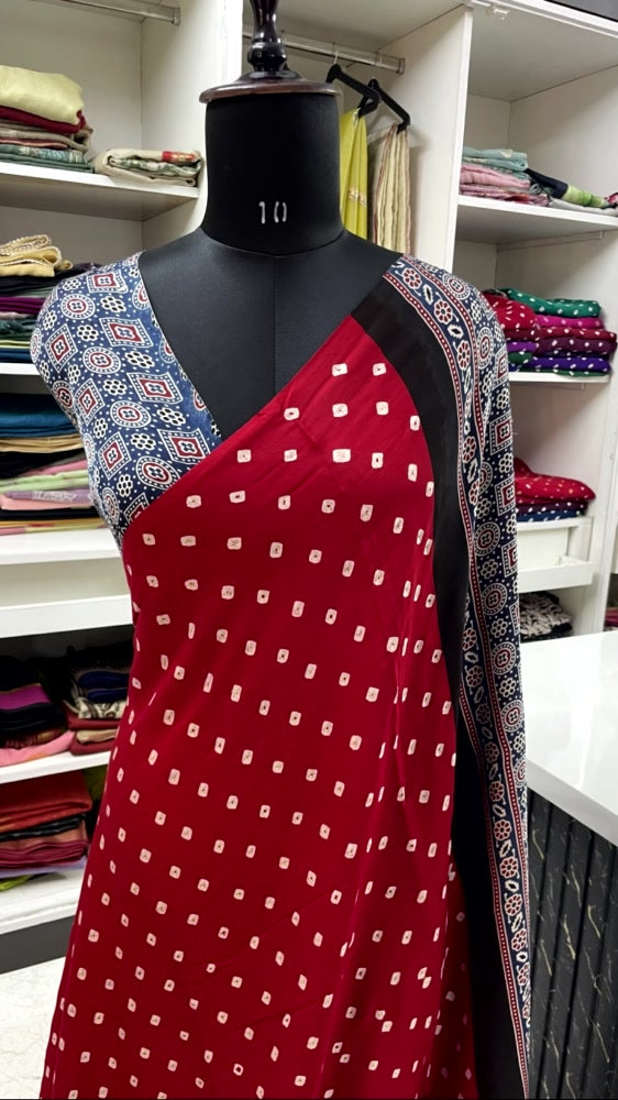 Red Bandhini Ajrakh Pure Modal Silk Saree