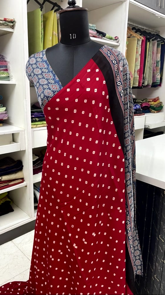 Red Bandhini Ajrakh Pure Modal Silk Saree