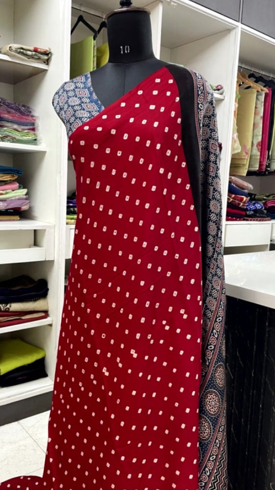 Red Bandhini Ajrakh Pure Modal Silk Saree