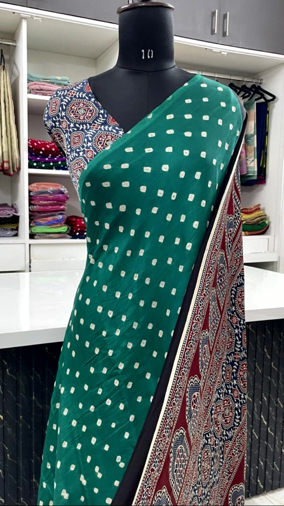 Rama Green Bandhini Ajrakh Pure Modal Silk Saree