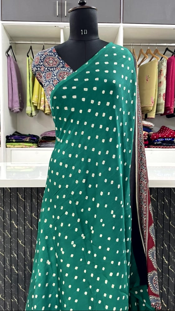 Rama Green Bandhini Ajrakh Pure Modal Silk Saree