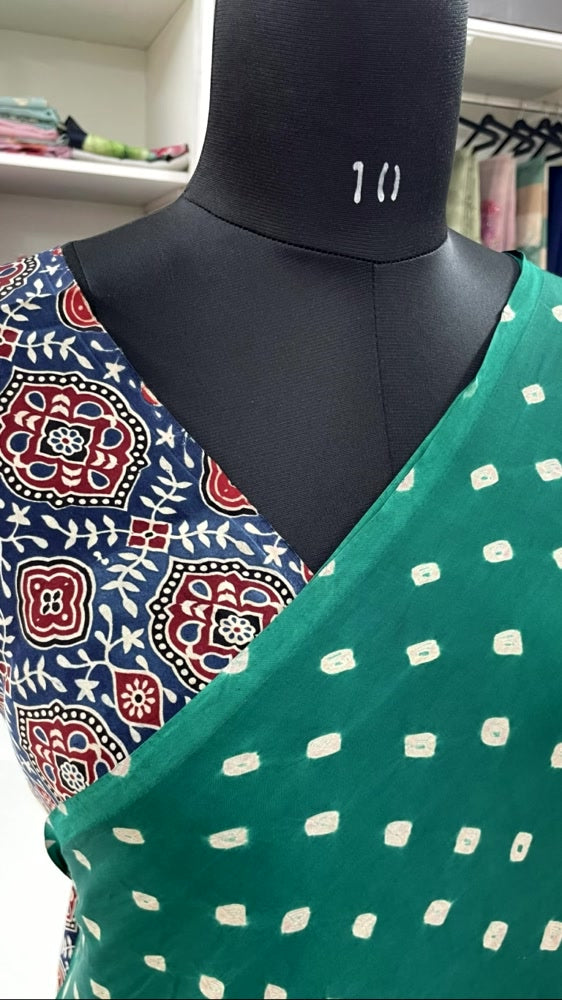 Rama Green Bandhini Ajrakh Pure Modal Silk Saree