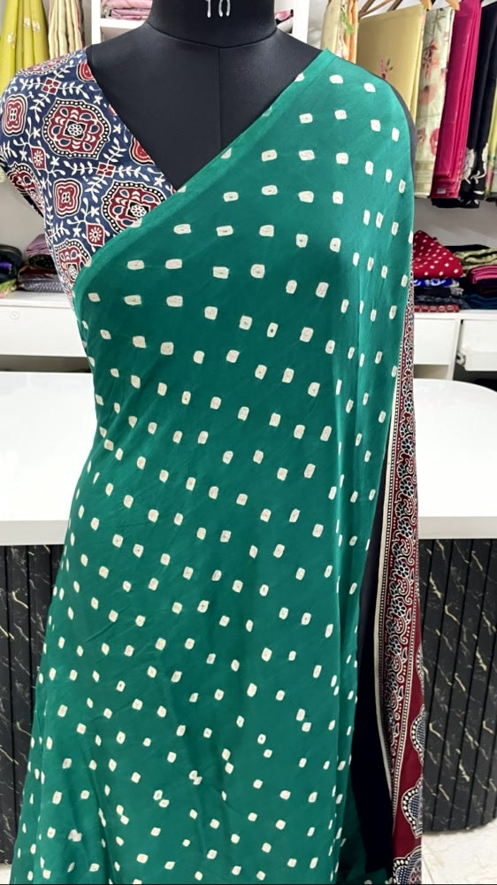 Rama Green Bandhini Ajrakh Pure Modal Silk Saree