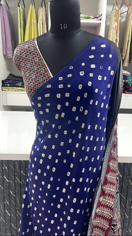 Blue Bandhini Ajrakh Pure Modal Silk Saree