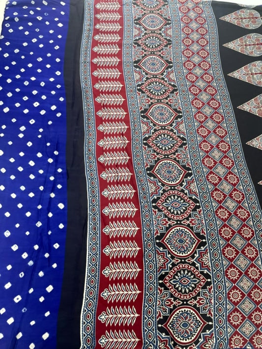 Blue Bandhini Ajrakh Pure Modal Silk Saree