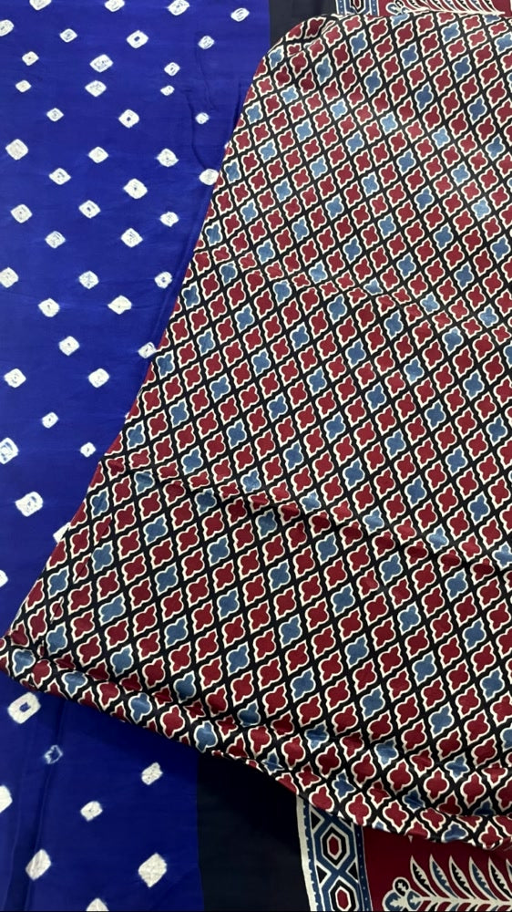 Blue Bandhini Ajrakh Pure Modal Silk Saree