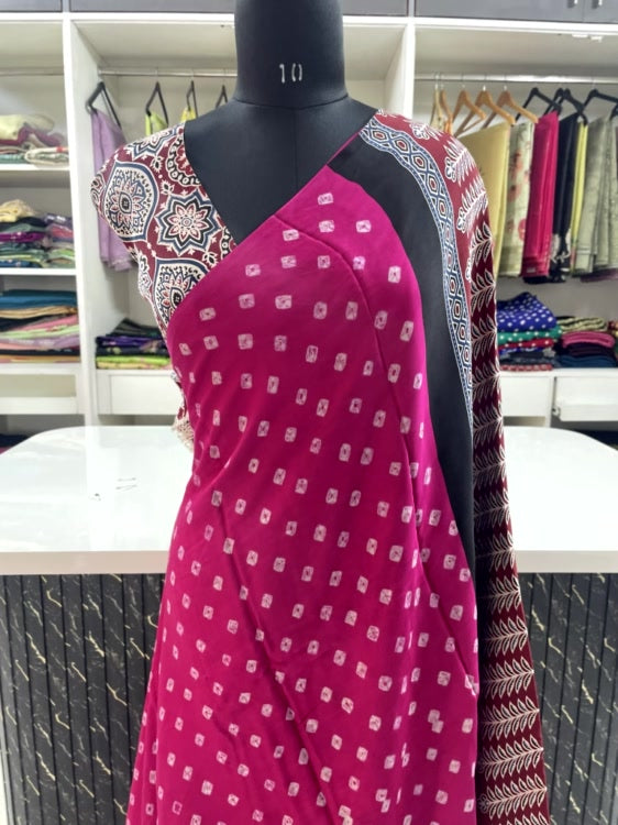 Pink Bandhini Ajrakh Pure Modal Silk Saree
