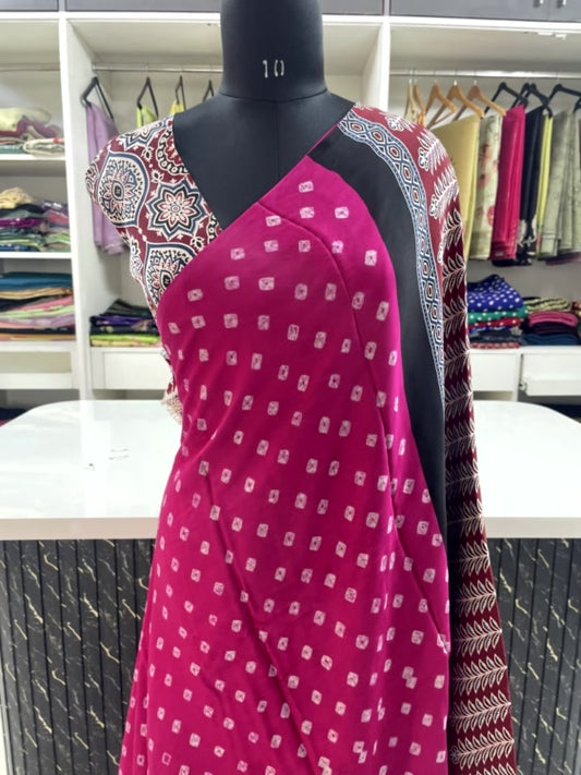 Pink Bandhini Ajrakh Pure Modal Silk Saree