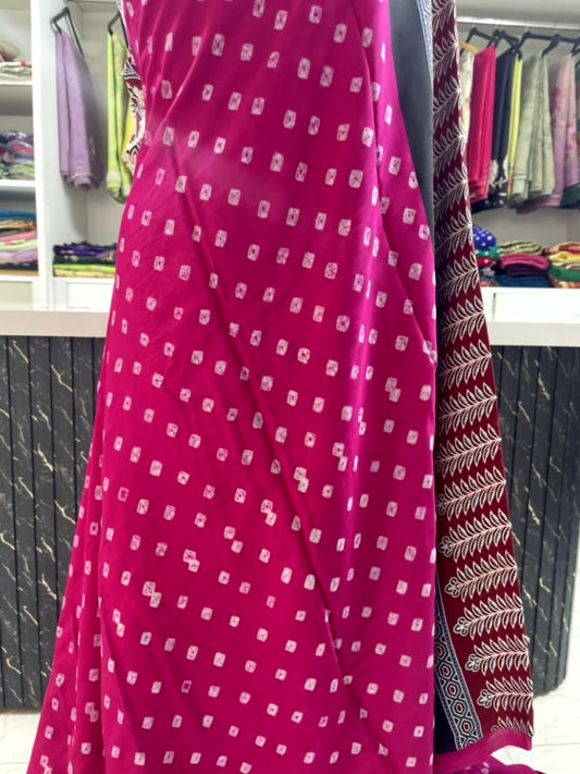 Pink Bandhini Ajrakh Pure Modal Silk Saree