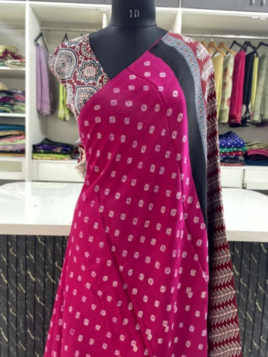 Pink Bandhini Ajrakh Pure Modal Silk Saree