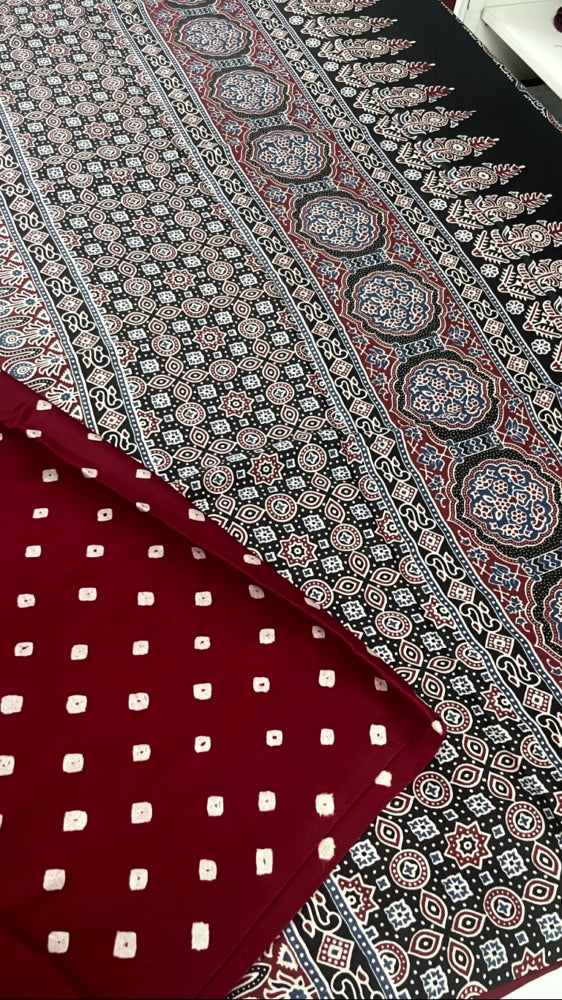 Maroon Bandhini Ajrakh Pure Modal Silk Saree