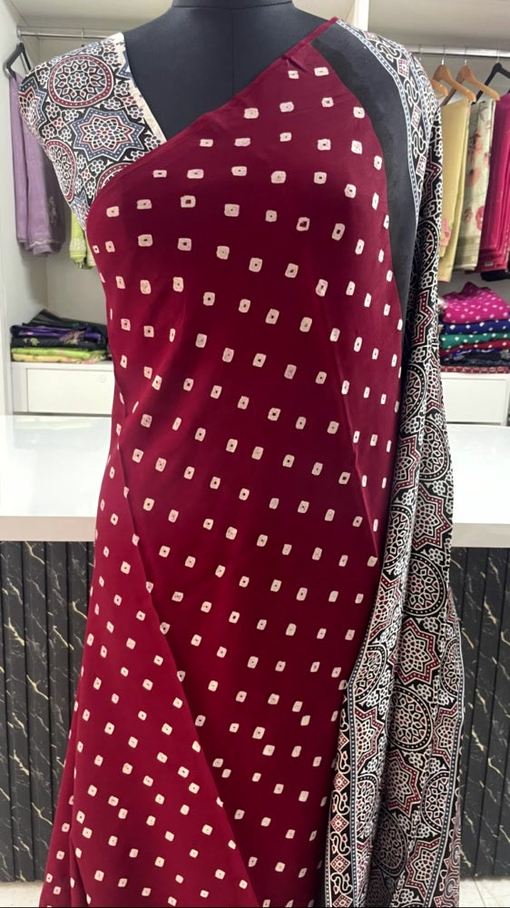 Maroon Bandhini Ajrakh Pure Modal Silk Saree