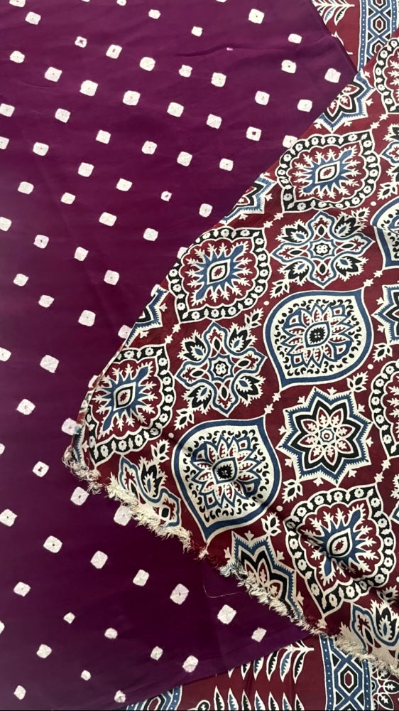 Wine Bandhini Ajrakh Pure Modal Silk Saree