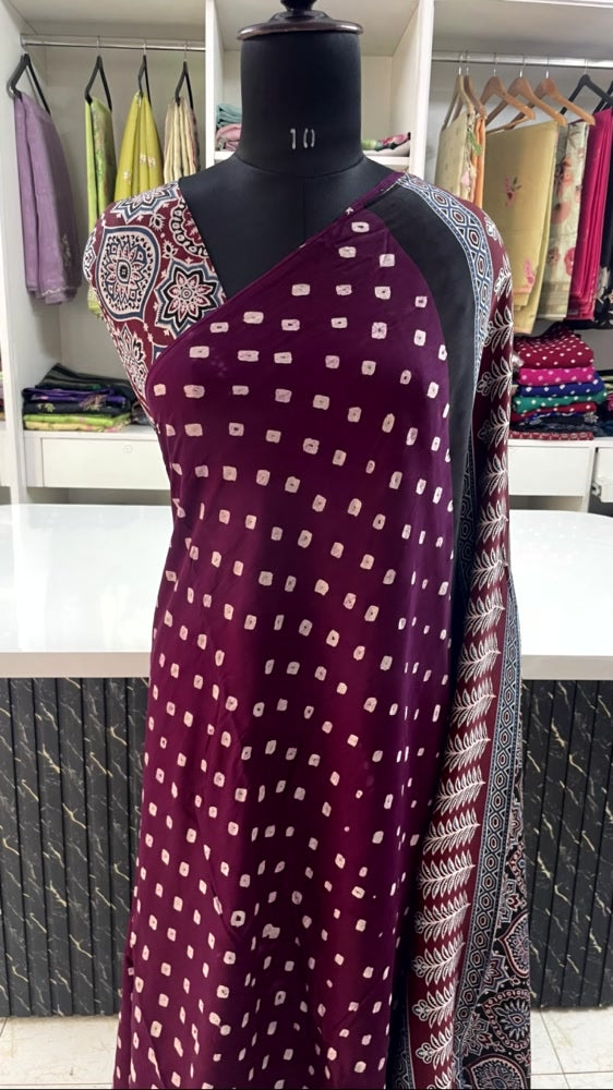 Wine Bandhini Ajrakh Pure Modal Silk Saree
