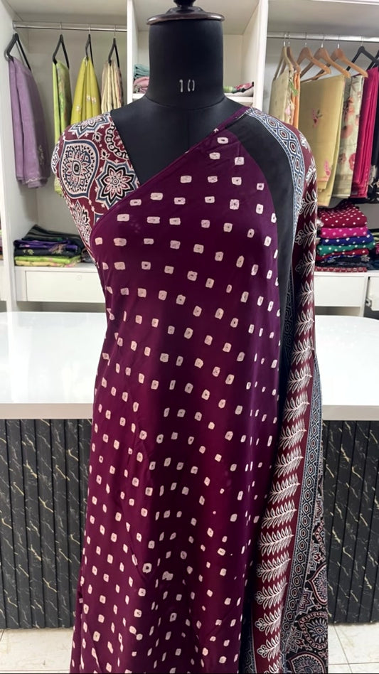 Wine Bandhini Ajrakh Pure Modal Silk Saree