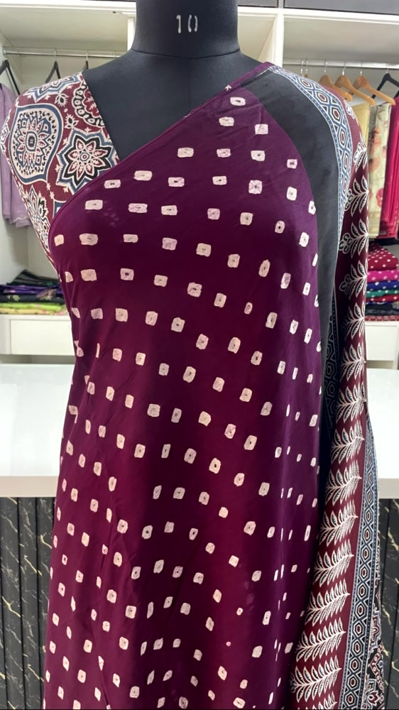 Wine Bandhini Ajrakh Pure Modal Silk Saree