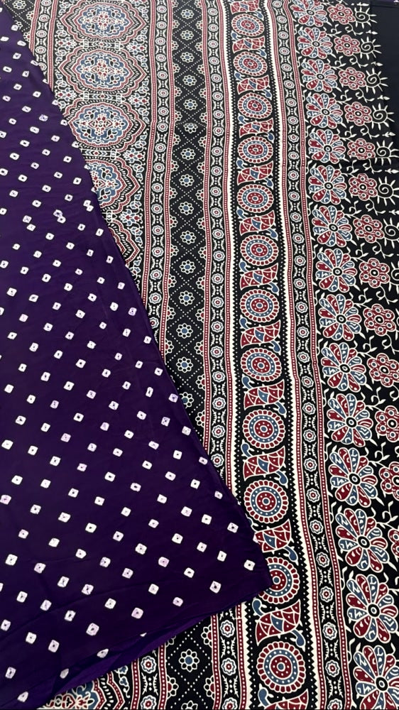 Purple Bandhini Ajrakh Pure Modal Silk Saree