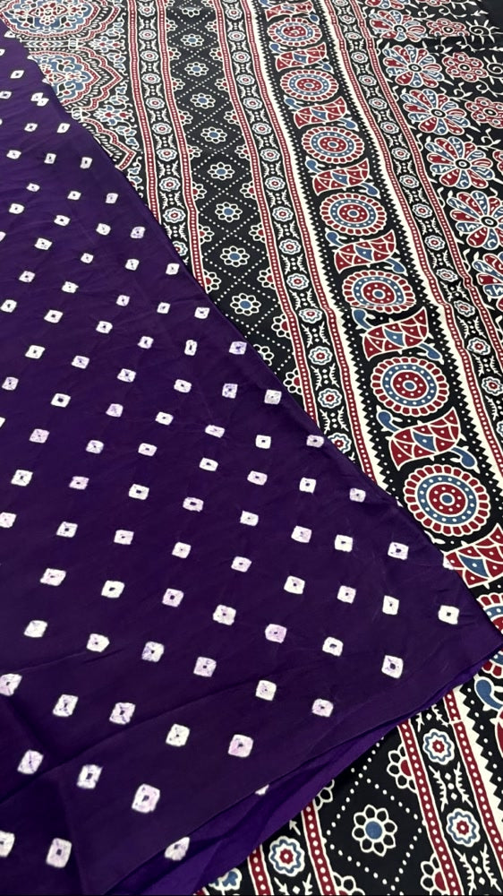 Purple Bandhini Ajrakh Pure Modal Silk Saree