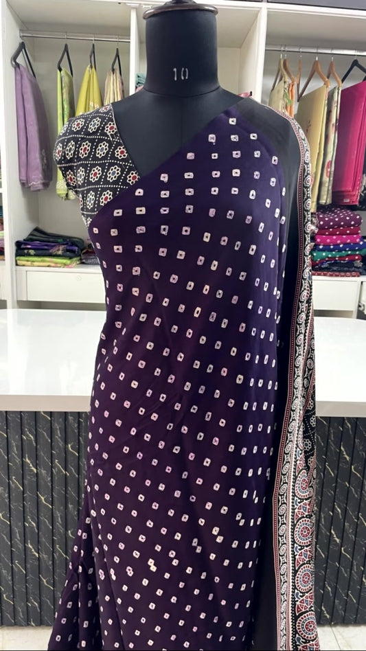 Purple Bandhini Ajrakh Pure Modal Silk Saree