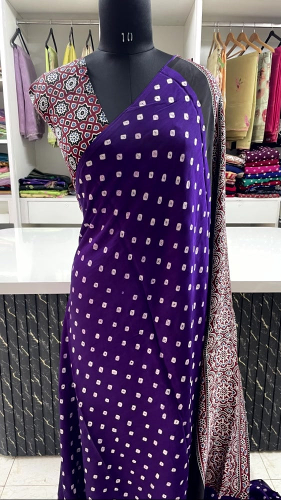 Purple 02 Bandhini Ajrakh Pure Modal Silk Saree
