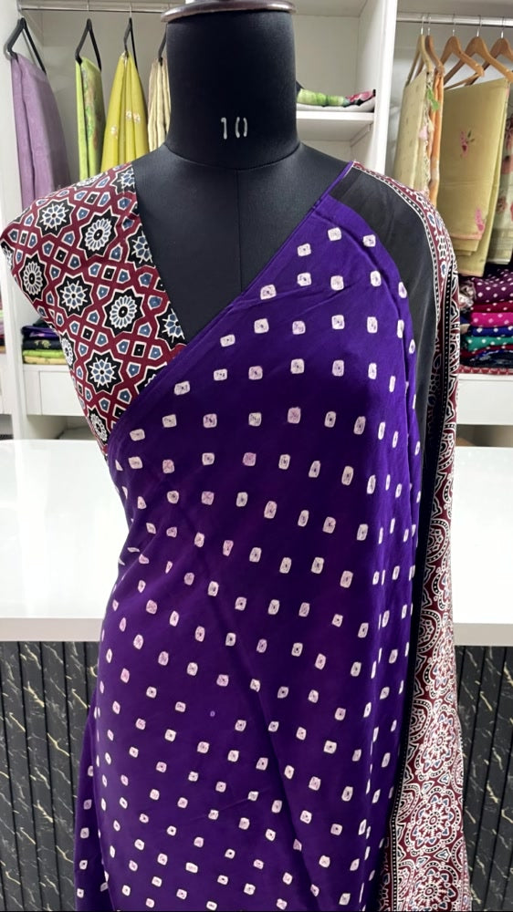 Purple 02 Bandhini Ajrakh Pure Modal Silk Saree