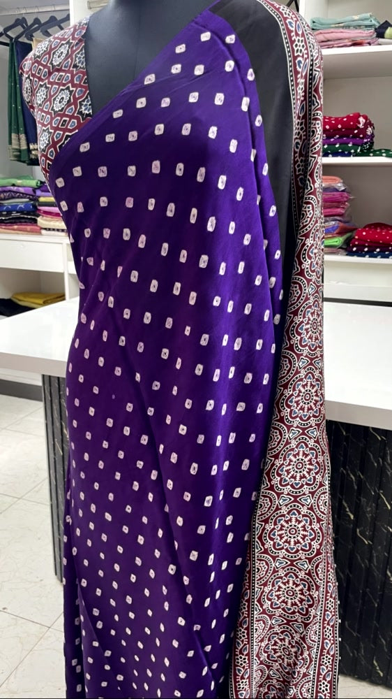 Purple 02 Bandhini Ajrakh Pure Modal Silk Saree