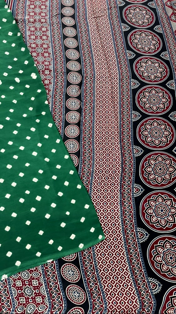Green Bandhini Ajrakh Pure Modal Silk Saree