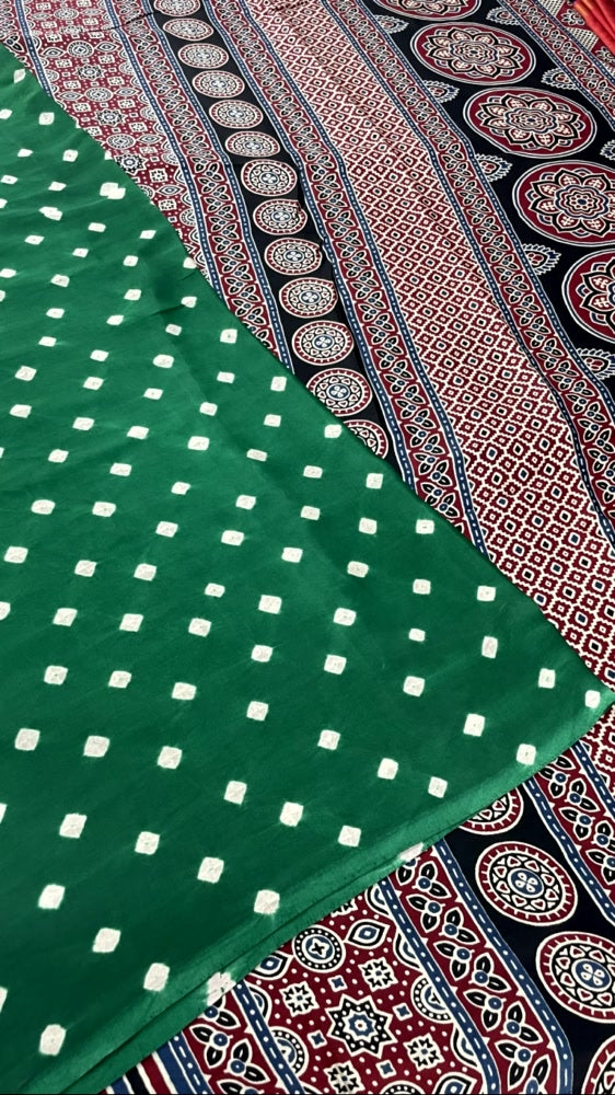 Green Bandhini Ajrakh Pure Modal Silk Saree