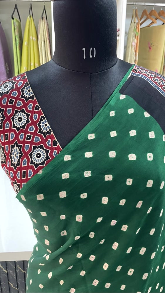 Green Bandhini Ajrakh Pure Modal Silk Saree
