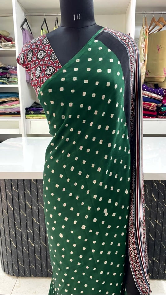 Green Bandhini Ajrakh Pure Modal Silk Saree