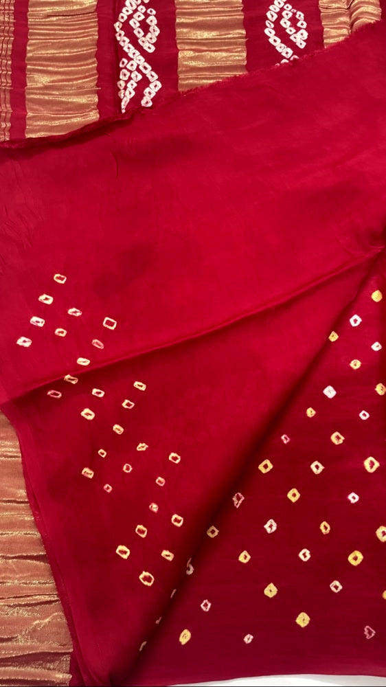 Red 3-Patta Bandhini Pure Modal Silk Saree
