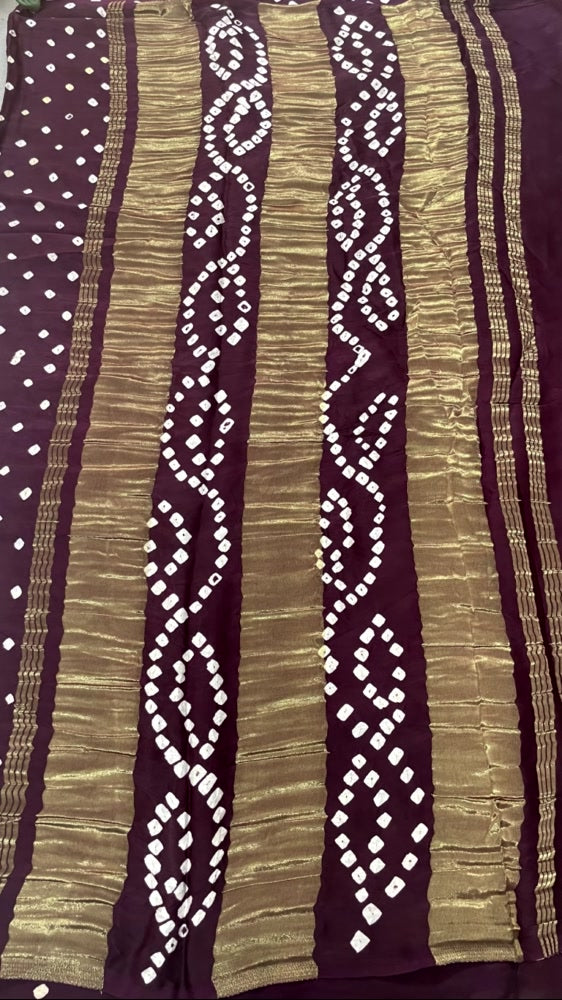 Dark Purple 3-Patta Bandhini Pure Modal Silk Saree