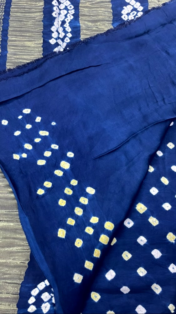 Teal Blue 3-Patta Bandhini Pure Modal Silk Saree