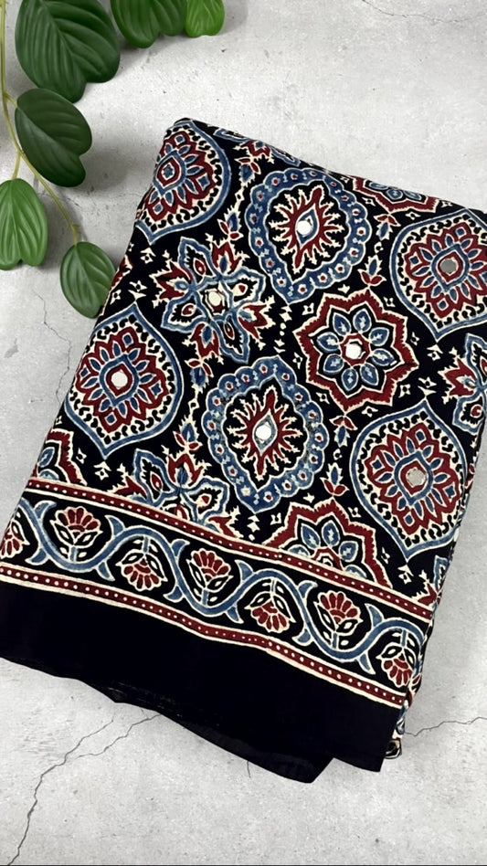 Black Mirror Ajrakh Badam Pure Modal Silk Saree